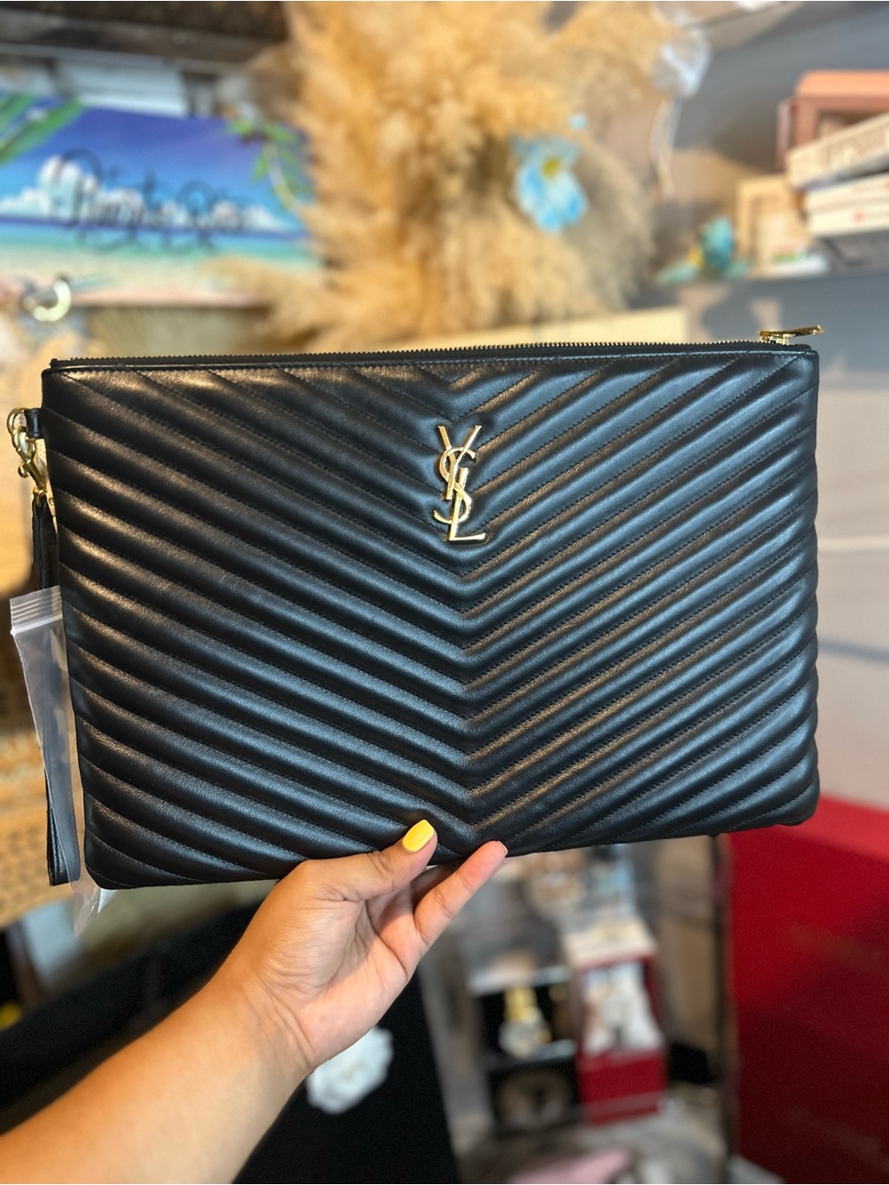 Yves Saint Laurent Black Quilted Leather Envelope Clutch with Gold YSL Emblem - Picture 12 of 13